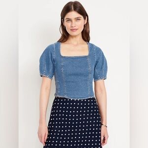 Old Navy Square-Neck Seamed Blue Denim Top Size M Smocked Sides Princess Seams